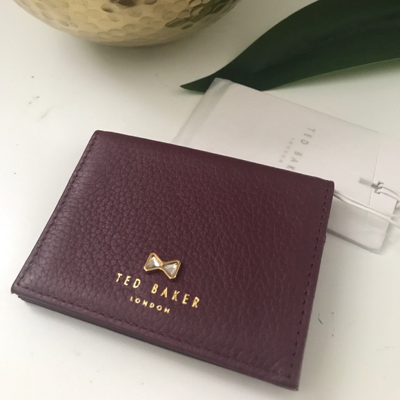 NWT Ted Baker Lillly Dark Red Pebbled Leather Card Case Wallet with Crystal Bow - Picture 1 of 3
